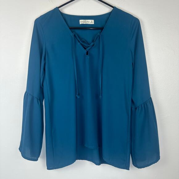 Abercrombie & Fitch Womens Bell Peasant Sleeve Lace-Up V-Neck Teal Blouse Top XS - Picture 1 of 8